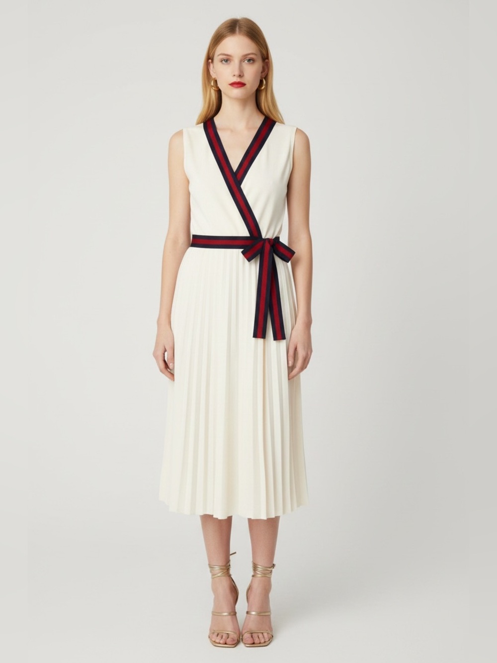 Gucci White Pleated Wrap Dress with Navy and Red Trim
